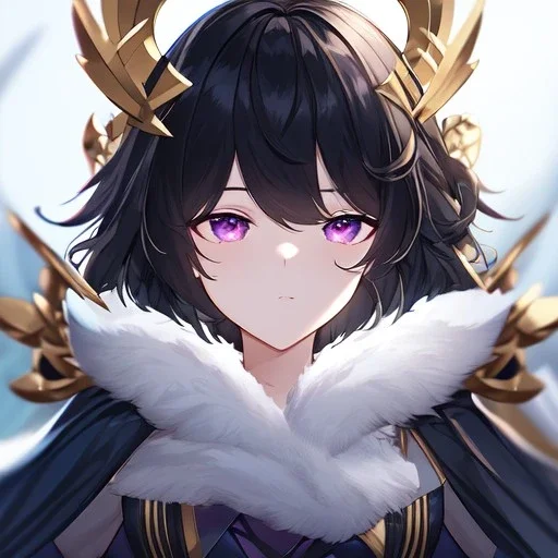 Clear focus,High resolution,8k, Beatiful Lighting, black short fluffy hair, long fluffy bangs, purple eyes, wearing a goddess outfit, extreme close up