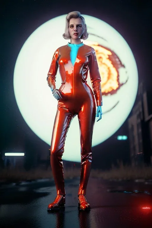 retro sci-fi portrait image from 1980, New York street explosions, fire, scared people, sweet young blonde woman walking, tight latex suit, soft color, highly detailed, unreal engine 5, ray tracing, RTX, lumen lighting, ultra detail, volumetric lighting, 3d, finely drawn, high definition, high resolution.