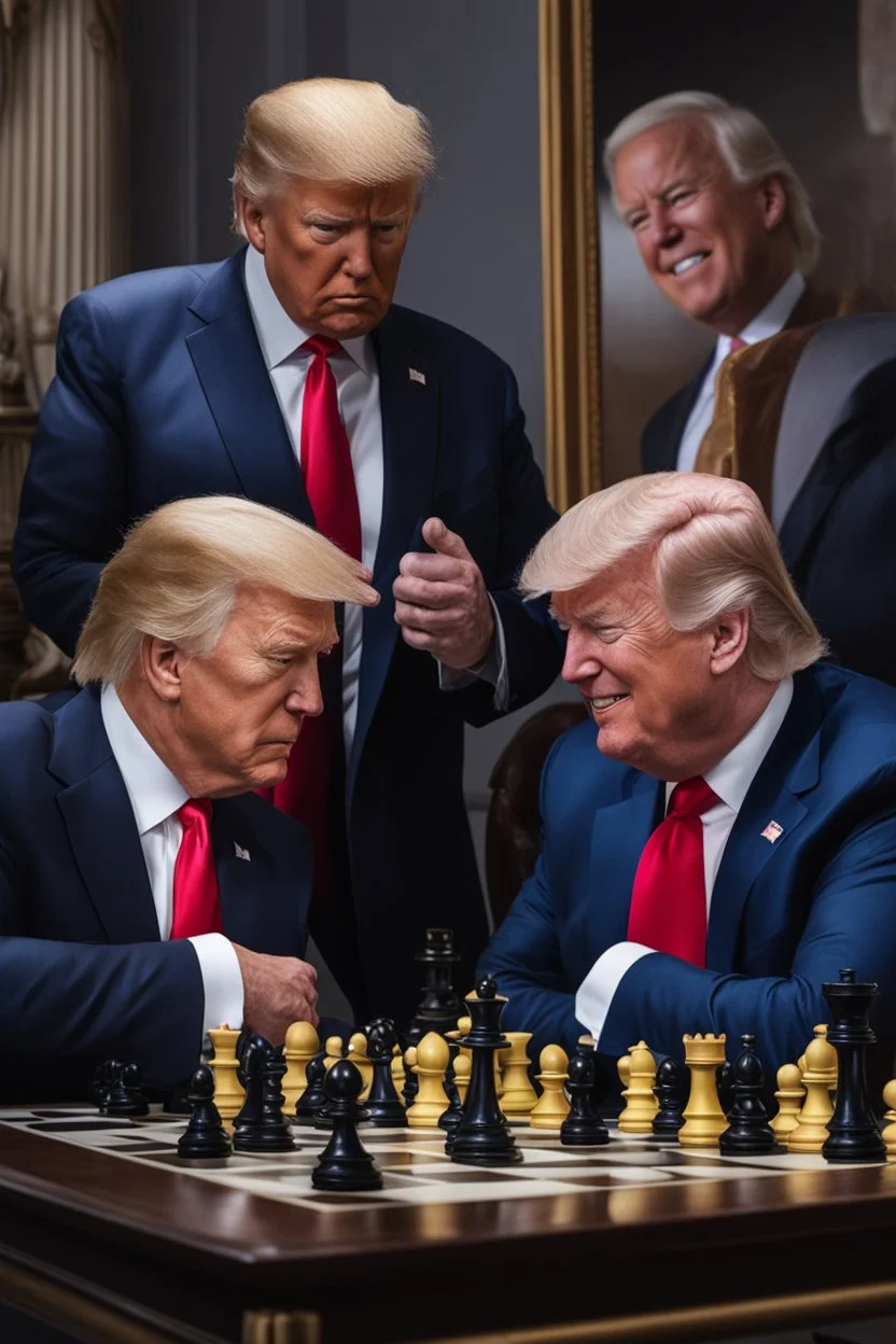 A hyper-realistic photo, Joe Biden and Trump in a game of chess,Trump smiling ,Biden angry, 64K, hyperrealistic, vivid colors, (glow effects:1.2) , 4K ultra detail, , real photo