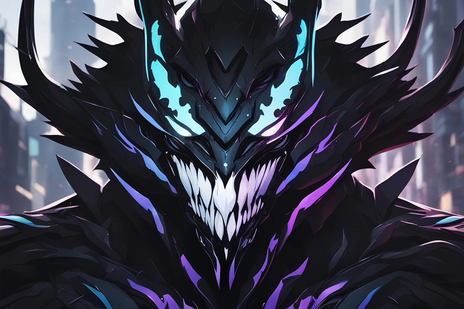 kindred venom in 8k solo leveling shadow artstyle, machine them, mask, close picture, rain, neon lights, intricate details, highly detailed, high details, detailed portrait, masterpiece,ultra detailed, ultra quality