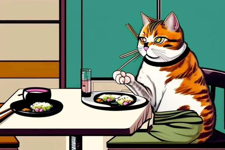 A cat is sitting on a table eating sushi. Manga style. Perfect iris. Paws