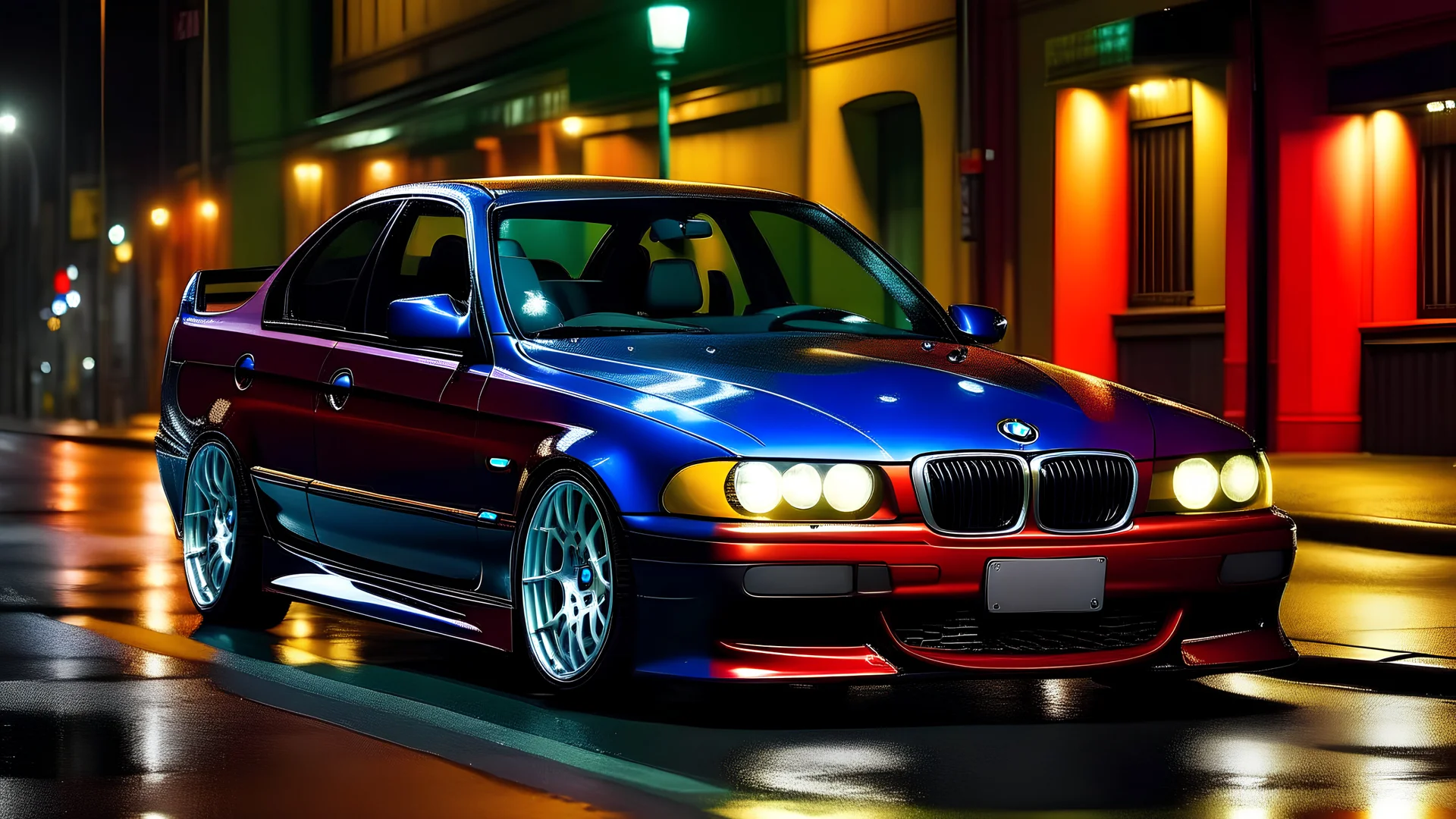 bmw m e46 1999 na tle ulicy z odbijającymi kolorowymi światłami