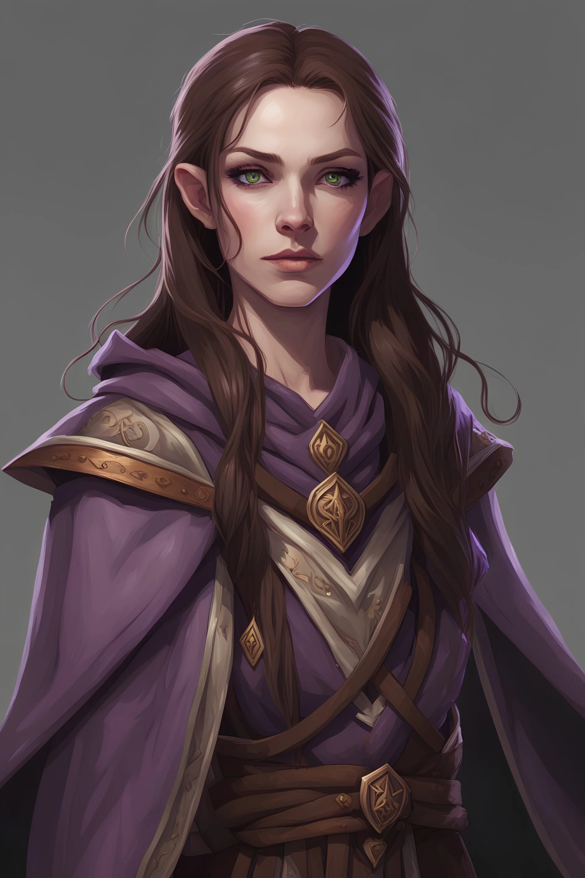 cahotic neutral charismatic Wood Elf Bard Female with pale skin and very sharp features, long brown hair, green eyes, wearing a purple vest and brown adventurer's cloak with a smug face. Lute on her back.