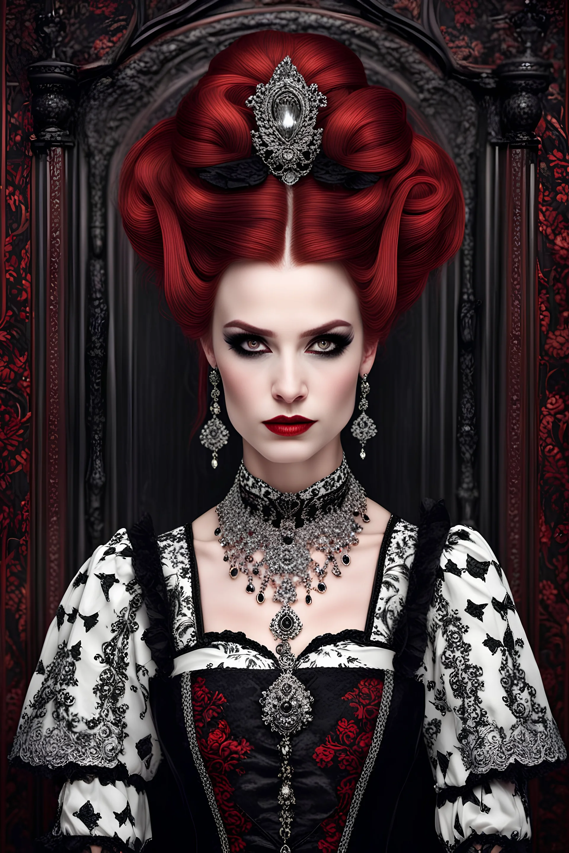 A portrait of gothic countess, she is young and beautiful, malicious intent in her facial expression,her black and white dress is immaculately styled and detailed,her jewelry is red,her hair is long and styled in a complex pattern, the portrait is hanging on a wall, frame is made of dark wood in immaculate gothic style,8K resolution , highly detailed, cinematic lighting, realistic skin