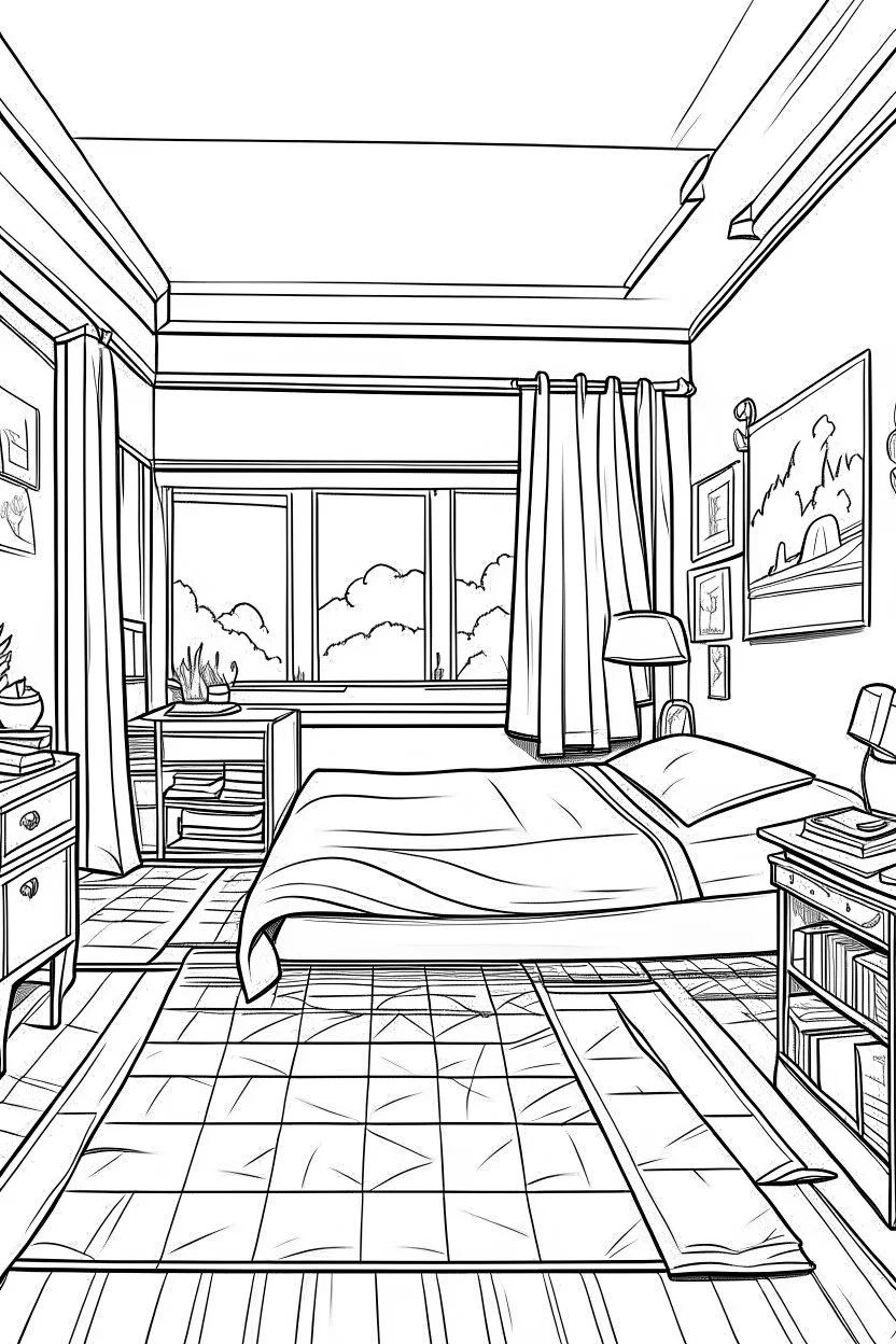 Outline art, simpl House interior design, bedroom, cartoon style, thick lines, low details, --ar 9:11