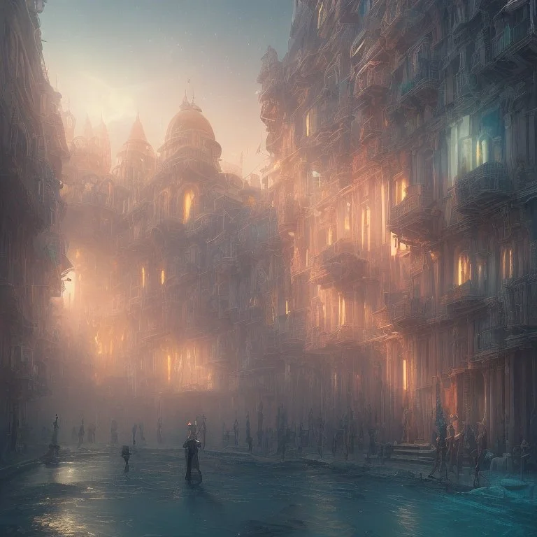 amazing euphoric futuristic Venetian Carnival sci-fi fantasy utopian paradise, Photorealistic beautiful, epic composition, night, dramatic, lights, dark, colourful, cute, Chiaroscuro, magical, caustics, studio ghibli, beautiful lighting, intricate detail, lively, Jordan Grimmer, Atey Ghailan