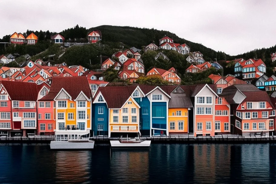 Colored pencil drawing, Very detailed, Realistic, Drawing of the colorfull houses in the city Bergen in Norway. Colorfull, professional, realistic, detailed, ultra HD