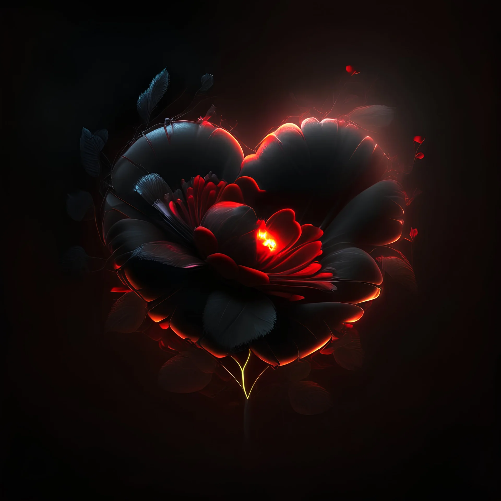 HD, photorealistic, black background, glowing red heart with a flower behind it