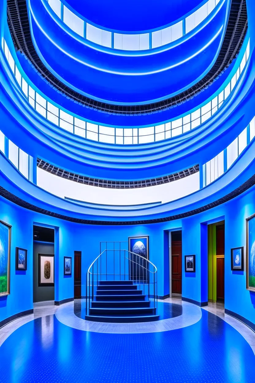 A spiral-shaped gallery with blue walls