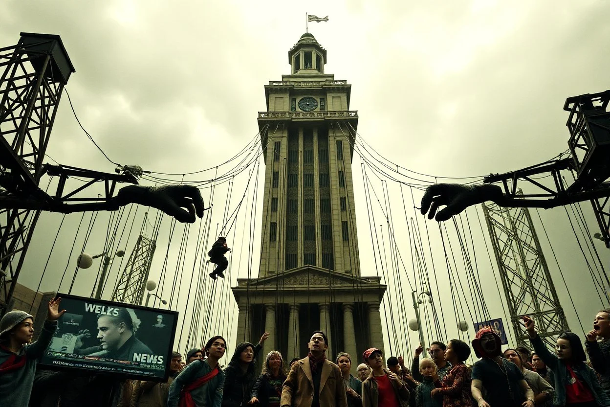 a cruelly oppressive government towers above, pulling the strings of puppets below, the news broadcasts the puppets' suffering everywhere, dystopian, dread, horror