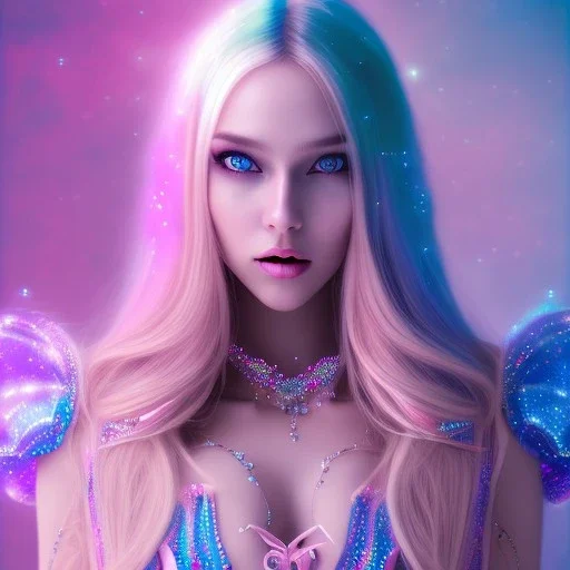 beautiful, soft, smiling face, whole head, long straight blonde hair blues eyes, crown on the head, clothing in transparent bluish and pink veil, background brillante bluish and pink, hight definition, 8K