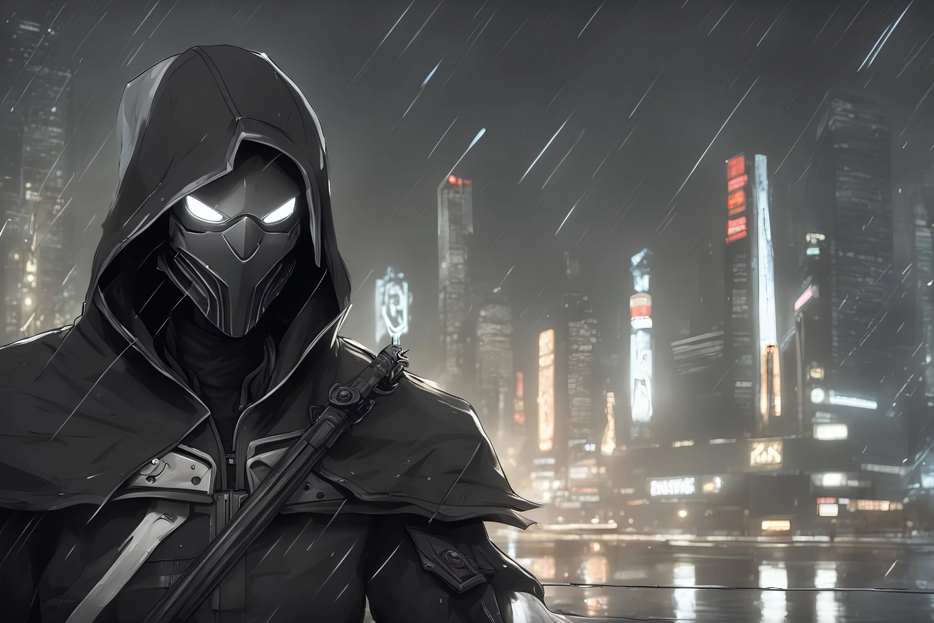 Reaper in 8k nier automata drawing style, venom them, cinematic mood, neon reflect, close picture, rain, highly detailed, high details, detailed portrait, masterpiece,ultra detailed, ultra quality
