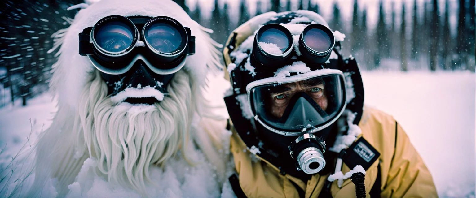 close up documentary photography, Yeti that is an Epidemiologist, National Geographic, weird, Dystopian, Japanese, Extreme depth of field, bokeh blur, winter, blizzard, Alberta, all-natural, in the style of candid, imperfection, natural lighting, Professional shot, shot on Agfa, Fuji Film, Anamorphic lens, 1980s, --ar 4:5 --w 150 --style raw