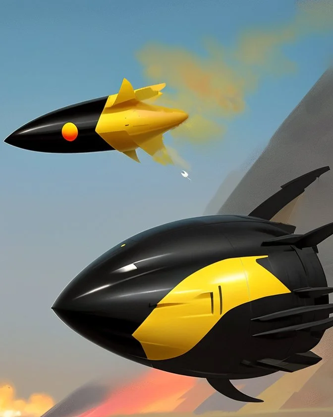 The has a black head with a yellow dot and rides on top of a rocket flying in the sky