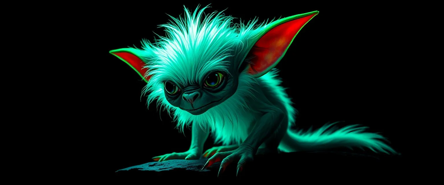 pen outline with some neon airbrush, glowing quickling gremlin in the shadows with long fluffy white fur, pin hole camera
