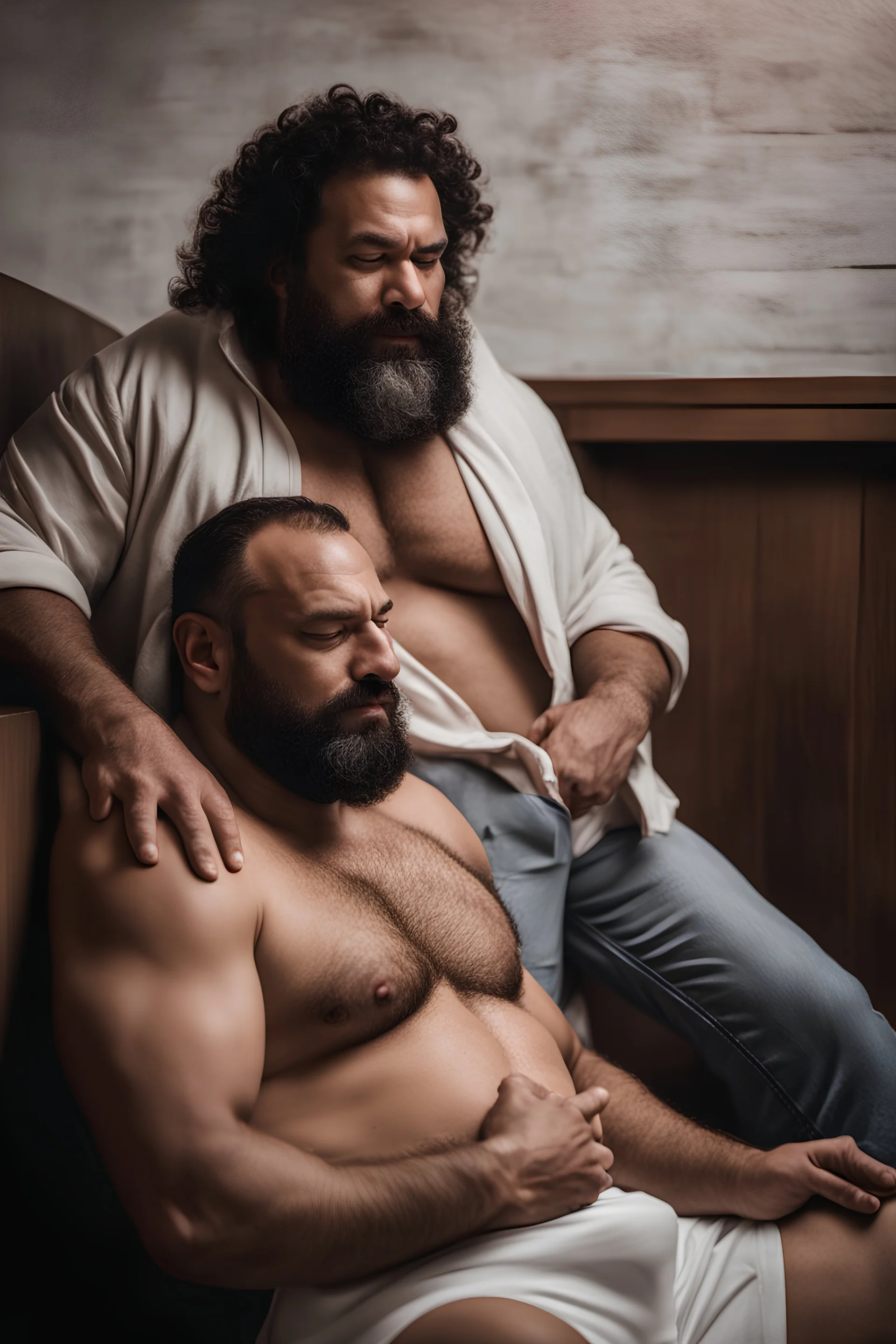 full body shot photography, two muscular chubby ugly burly marocan men , sweat, bulge, masculine hairy 43 year old man, curly hair, manly chest, curly beard ,big shoulders, big arms, big legs, bulge,, ambient occlusion , lying down sleeping in a steamy Sauna, super high resolution, 8k, dim light, side light, ultra hyper realistic, frontal view