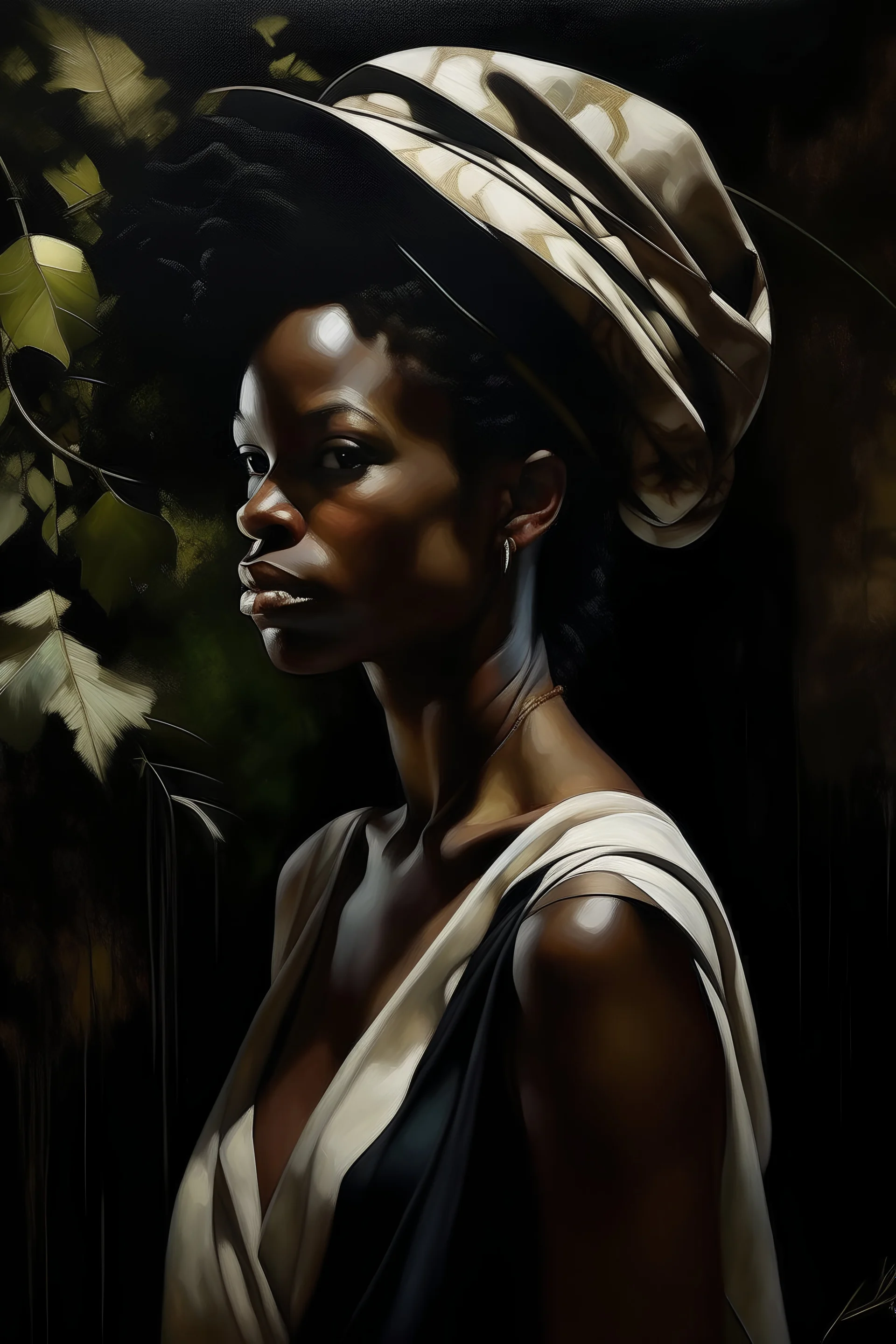 Black woman high quality, highly detailed, painting involves blending classical elegance with a contemporary twist, The focal point is an enigmatic figure inspired by film noir protagonists, positioned against a backdrop of nature and urban sophistication, Employing chiaroscuro techniques akin to Caravaggio, the play of light and shadow adds mystery and intimacy, The attire combines classical and modern fashion, with intricate details reflecting haute couture craftsmanship, Surreal elements draw