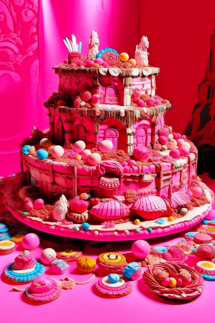 A pink ruined coliseum made out of sweets with fairies designed in Navajo baskets painted by Andy Warhol