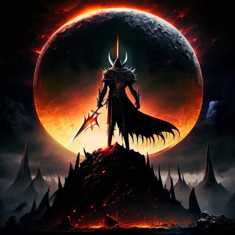 Sauron, the mighty lord of darkness, standing on a rock in the dark land of Mordor, a super-hero man of infinite power and technology of the galactic race, with a great army, a large moon disk behind him, and a fiery sword in his hand