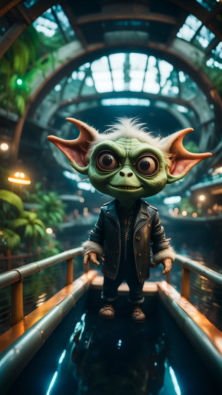 fish-eye photo of furry hairy pimp rocker priest alien gremlin on boat bridge over water slide in dark lit reflective wet jungle metallic hall dome hotel tunnel, in the style of fallout 4 game,bokeh like f/0.8, tilt-shift lens 8k, high detail, smooth render, down-light, unreal engine, prize winning