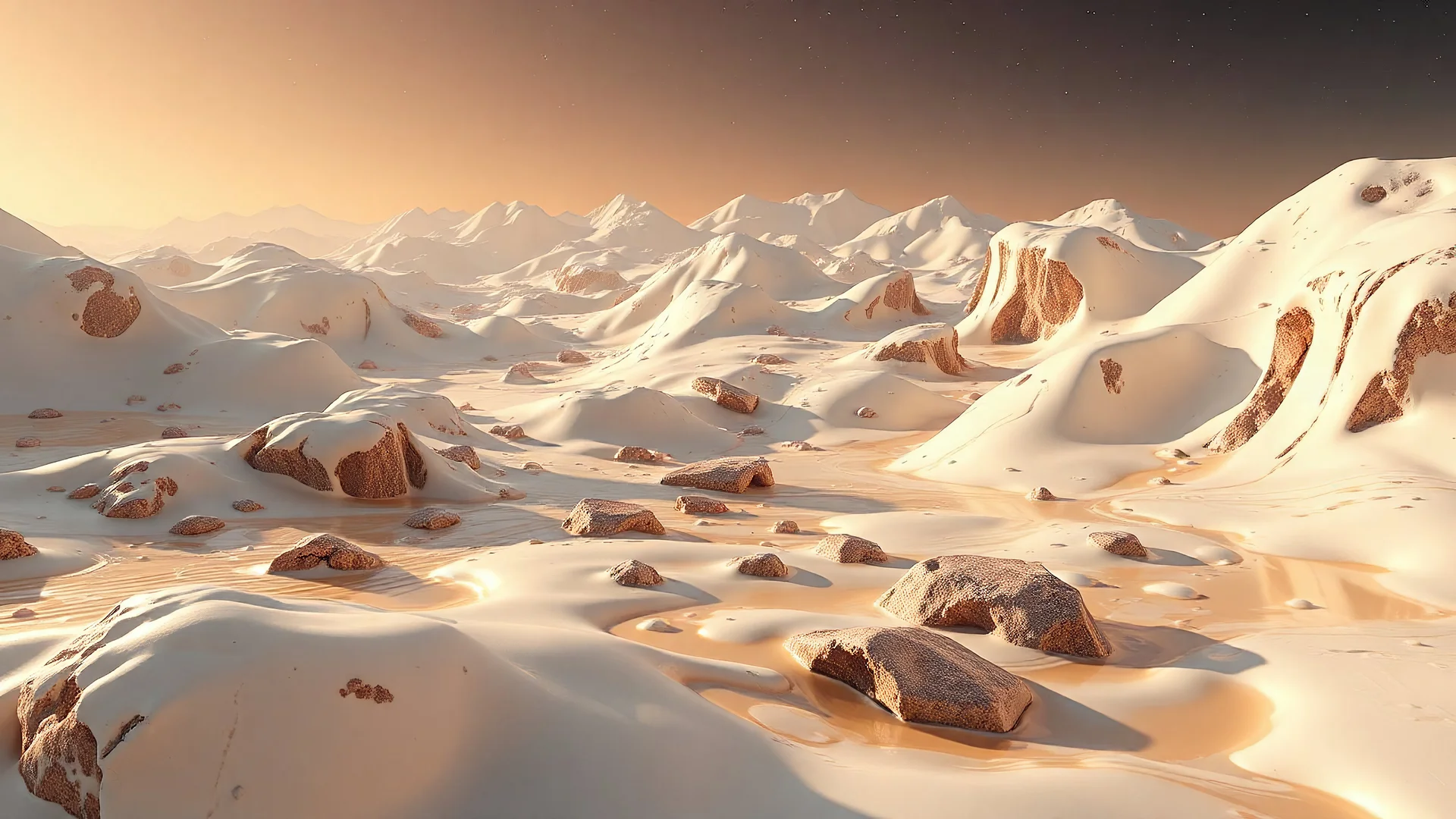 realistic photo of a landscape covered in milk and honey that looks futuristic with futuristic lighting