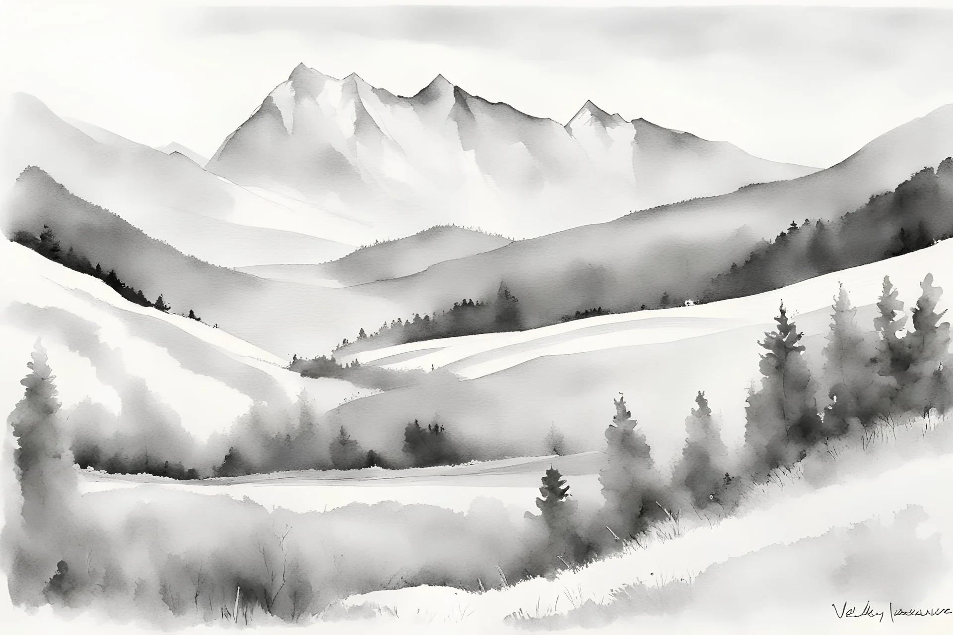 watercolor painting by Velky Rozsutec mountain, Mala Fatra, Slovakia, View from Stefanova village, black and white, by Michał Jasiewicz, Valentina Verlato,Blanca Álvarez. Truly Masterpiece Of Art, Golden Hour, Masterpiece, Alluring Expression, Intricate Artwork