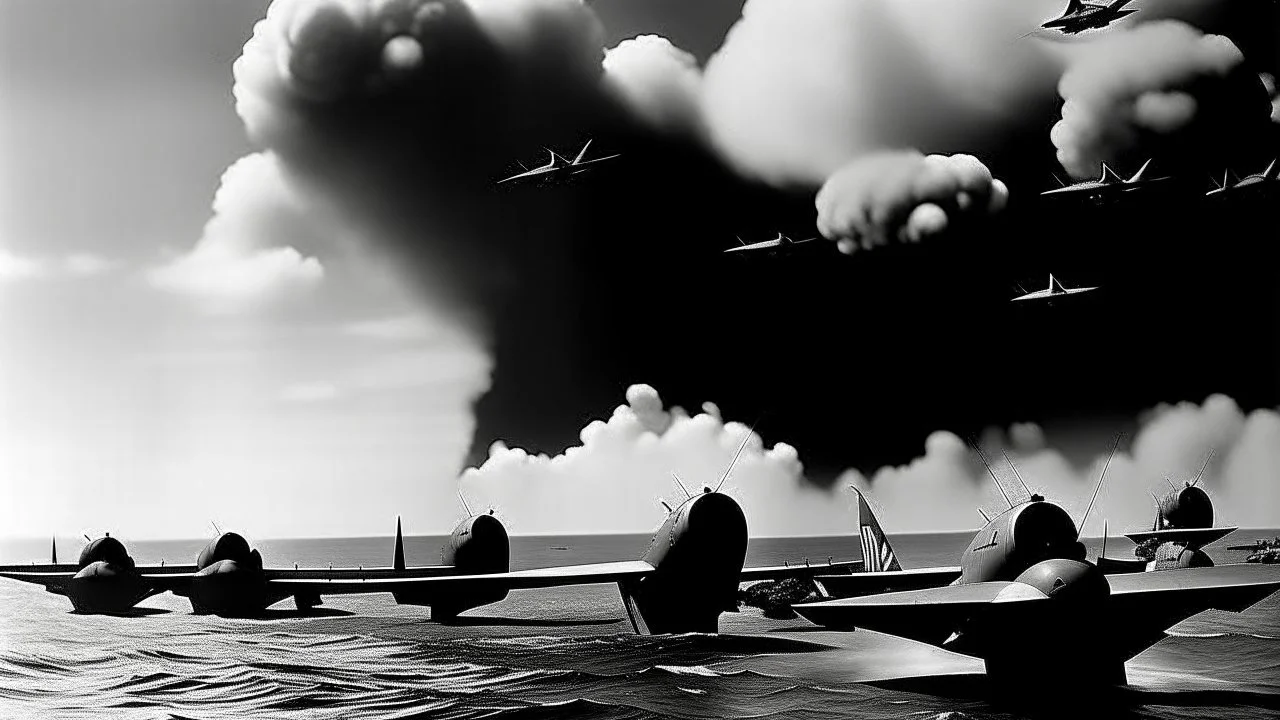 طائرات يابانية تقصف بيرل هاربر، مما أدى إلى دخول الولايات المتحدة الحرب العالمية الثانية.