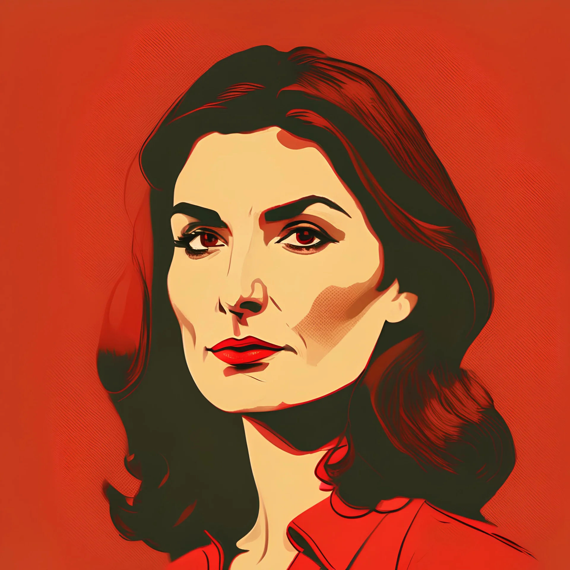 Illustration of a 30 year old Turkish woman with brown hair, front view, red background