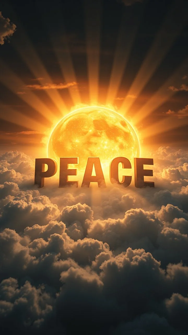 A huge ball of fire above swirling “ clouds, the word “ PEACE “ in 3D emerges from the heart of a raging storm. Turbulent winds of steam swirl around the sun lit by shafts of sunlight that cast dramatic shadows on the A beautiful sun , High quality 16k cinematic scene and great photography