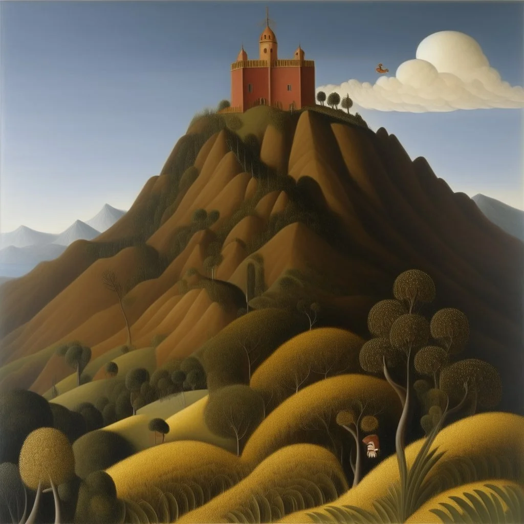 A brown fortress on a mountain painted by Henri Rousseau