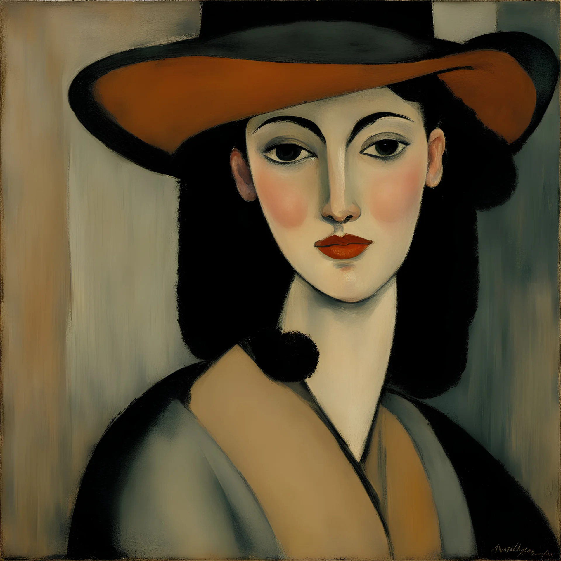 A woman in a hat painted by Amadeo Modigliana in loose brush strokes