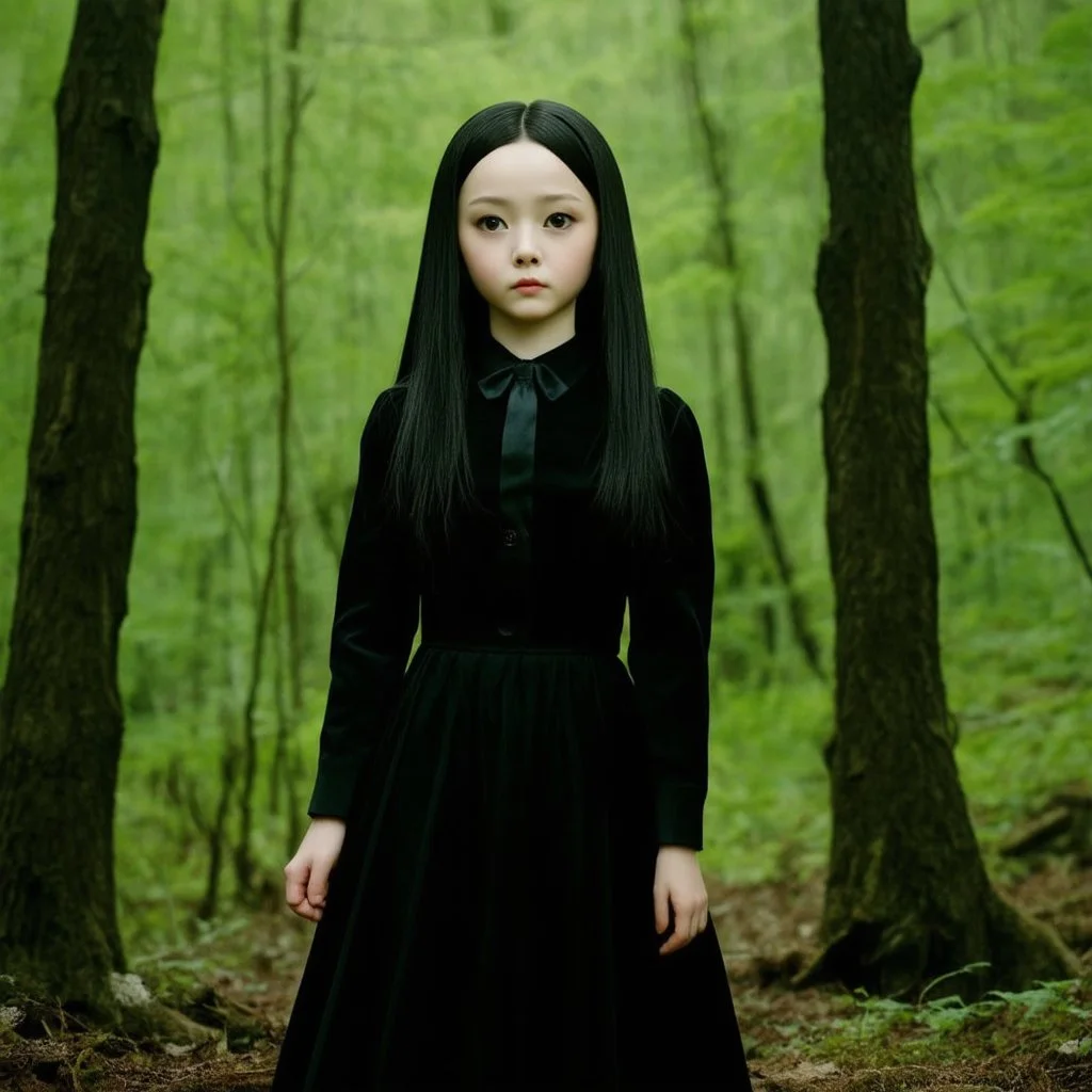 Devon aoki as Wednesday addams, in the woods