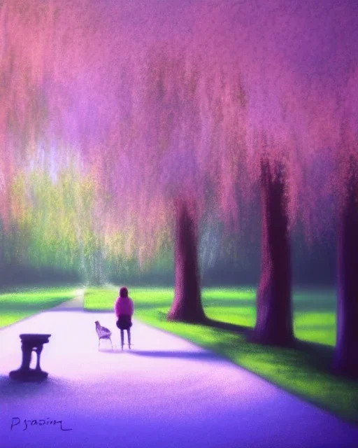 park mystical dream, park bench, man, woman, child, dog, trees, path, bird, sunshine, mystical, fantasy, romanticism, pastel colors, daylight, daytime, acrylic painting, detailed, soft focus,