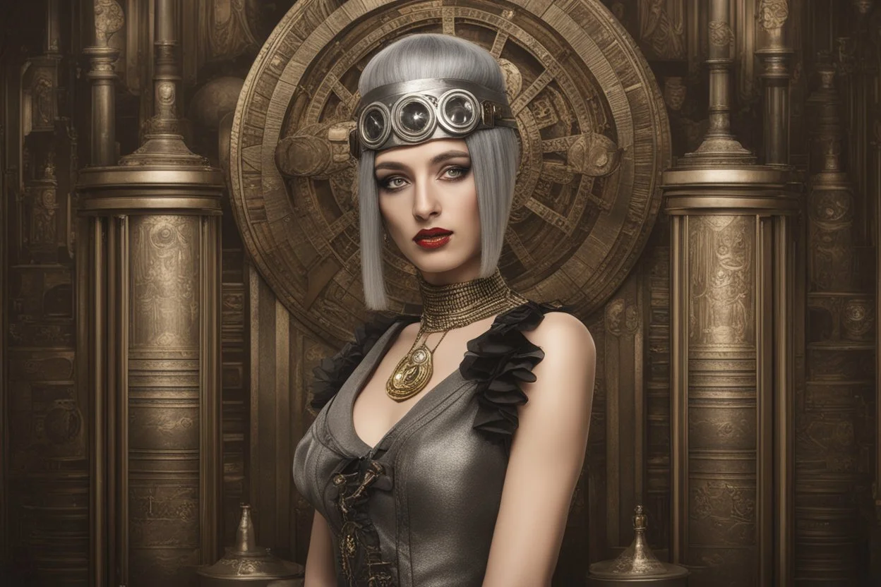 full body and headshot of a skinny Cleopatra, with a silver bob hairstyle, standing in a steampunk setting.