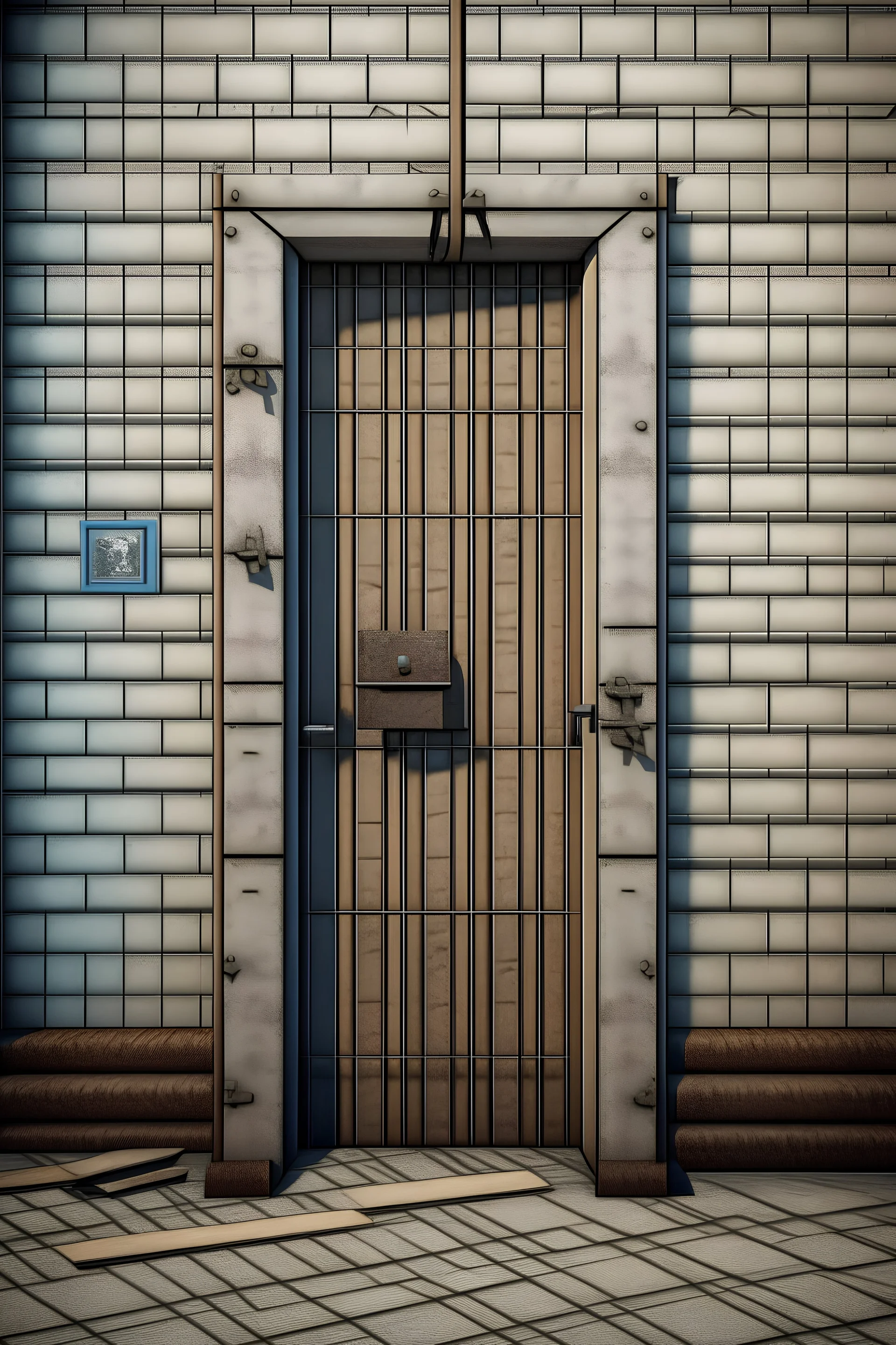 Prison door with walls beside, on the wall a pincode to open the door. Door closed