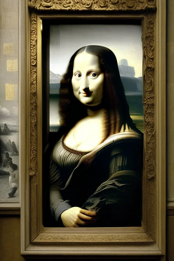 Mona Lisa climbing out of her portrait at the Louvre