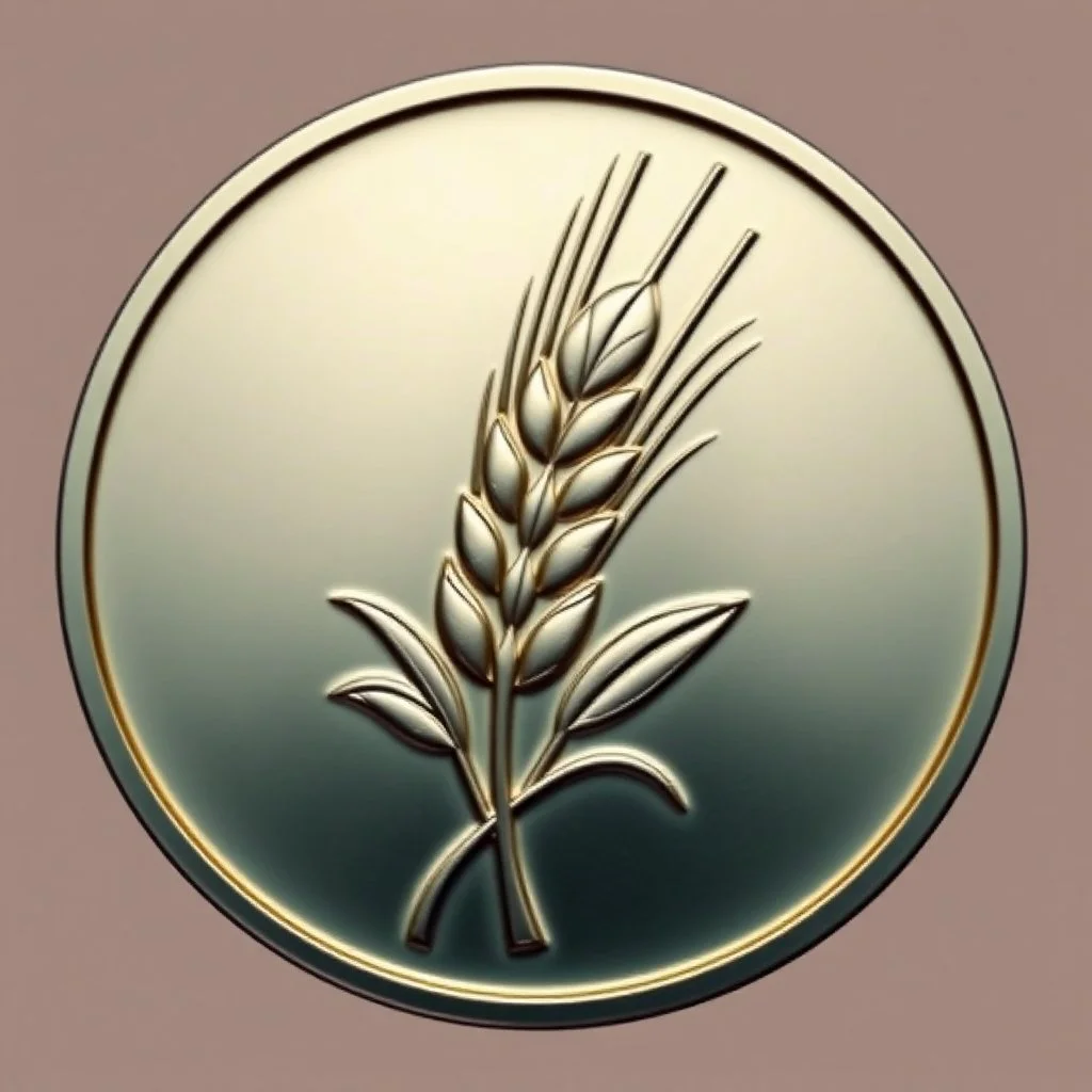 logo of a coin with a wheat sheaf engraved on it