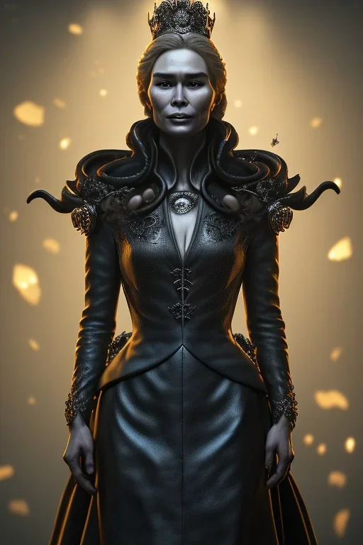 Cersei Lannister as evil queen in black leather coat, busty, cleavage, voluptuous, lena headay, angry, stern look. character design by cory loftis, fenghua zhong, ryohei hase, ismail inceoglu and ruan jia. unreal engine 5, artistic lighting, highly detailed, photorealistic, fantasy