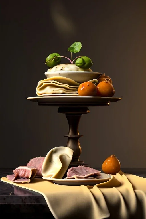 renaissance style still life composite, dish of Raviolis with meat, vine cup, olive oil. moisture, art, natural, ornaments, ceramic, marble, high kitchen, smooth, god rays, unreal engine 5, ray tracing, RTX, lumen lighting, ultra detail, volumetric lighting, 3d.