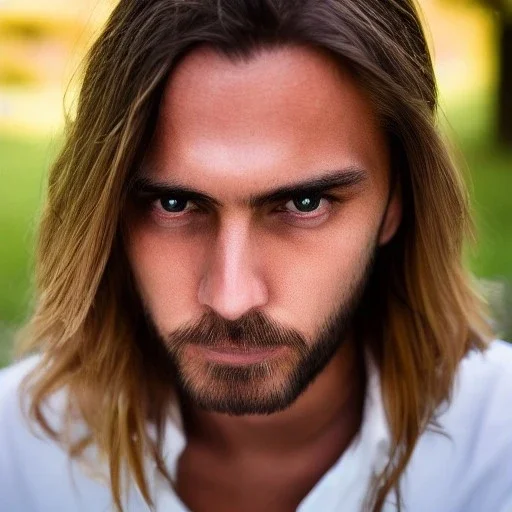 Detailled man with dark brown eyes and blond hair