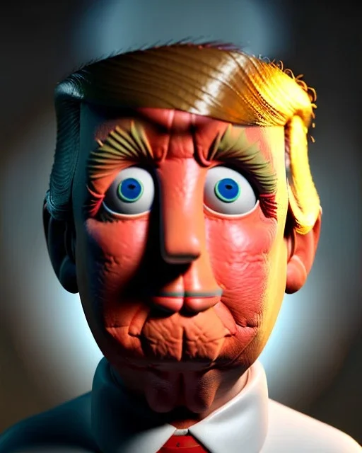 Waist up Portrait, Donald trump muppet, Sesame Street style, retro style, photo studio, unreal engine 5, god lights, ray tracing, RTX, lumen lighting, ultra detail, volumetric lighting, 3d.