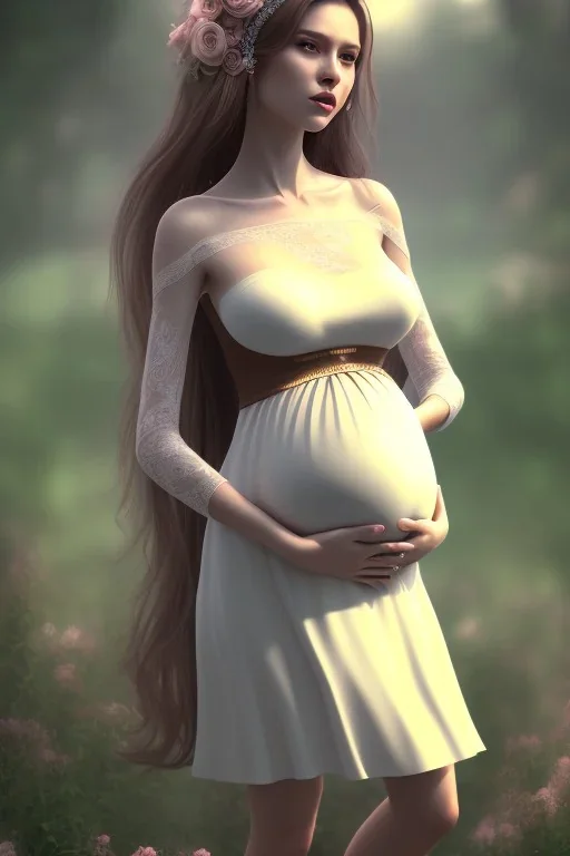 girl, cute, beautiful, pregnant, cottagecore dress, long hair, brown hair, wedding ring