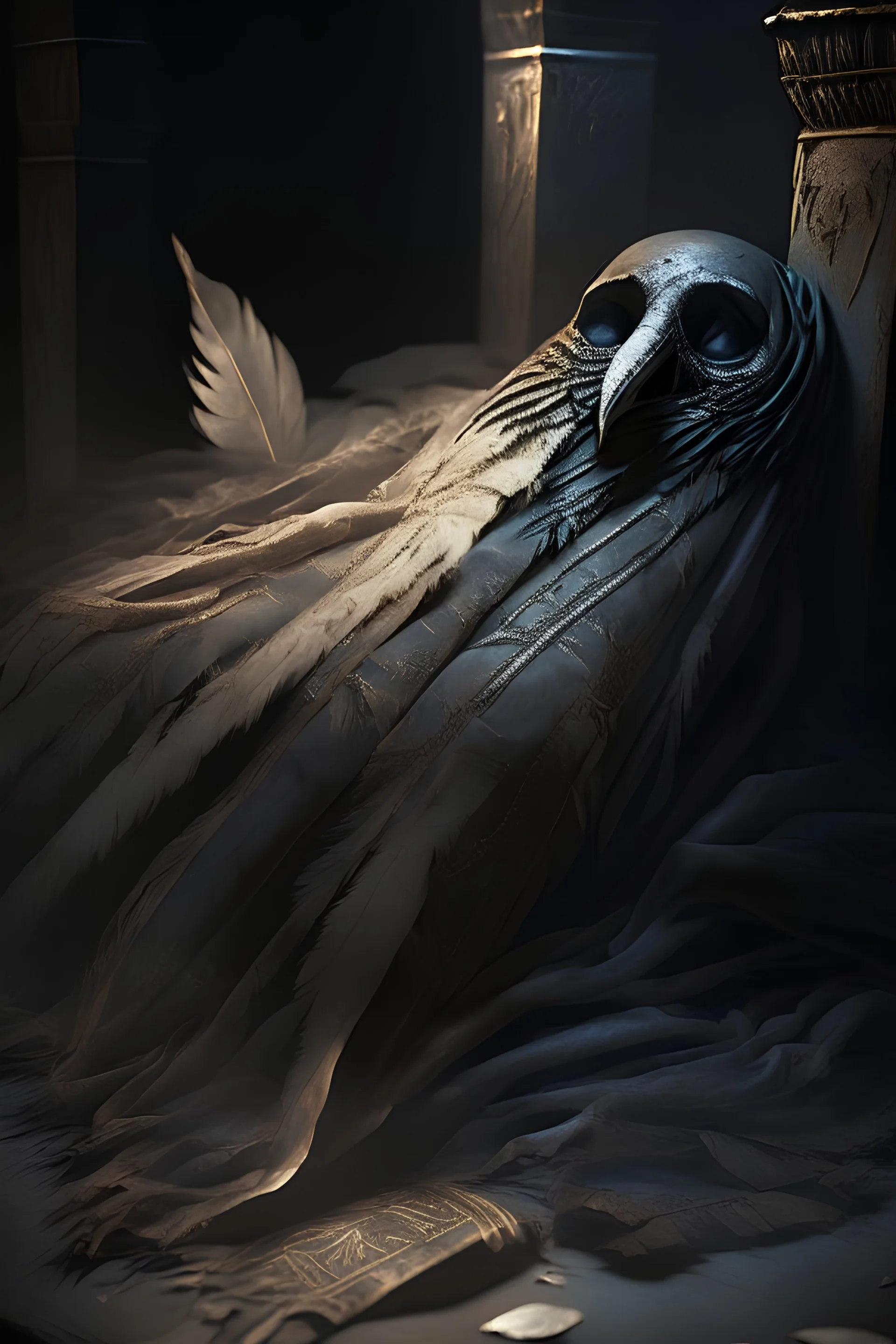((An ancient relic from a longlost civilization preserved for centuries in wrappings of delicate linen a mummy lies silently in its tomb its body desiccated and shriveled its oncevibrant features now frozen forever in time)), dark and moody, with intense contrast and warmly lit eyes that give a hint of hope, detailed feathers, Digital painting, Artstation, Matte, Sharp focus, Illustration, Art by loish and ross tran and artgerm, Trending on deviantart.