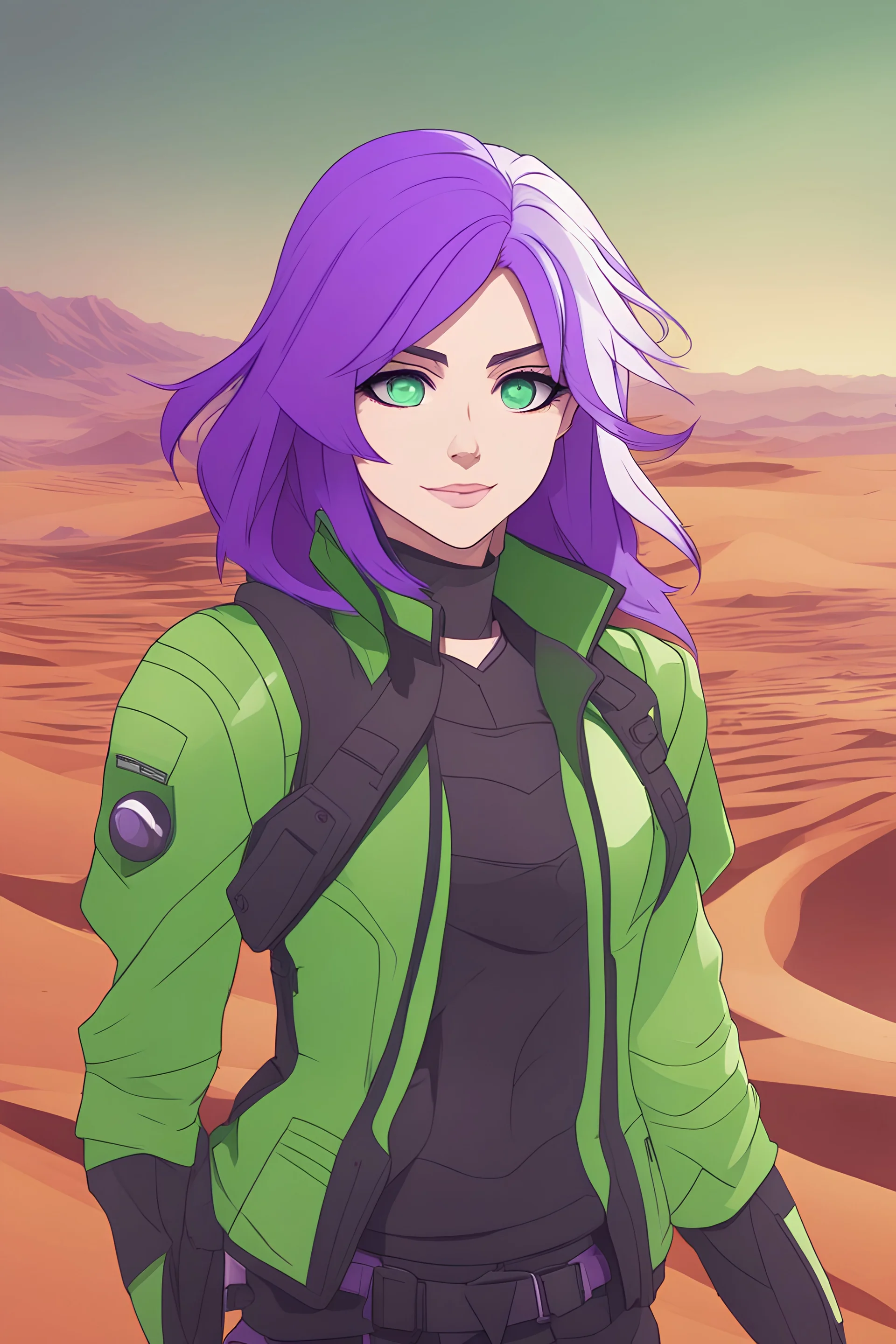 Woman with cute hair, bright green hair, purple eyes, wearing futuristic clothes, cheerful, desert background, RWBY animation style