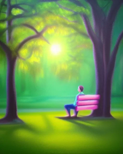 park mystical dream, park bench, man, woman, child, dog, trees, path, bird, sunshine, mystical, fantasy, romanticism, pastel colors, daylight, daytime, acrylic painting, detailed, soft focus,