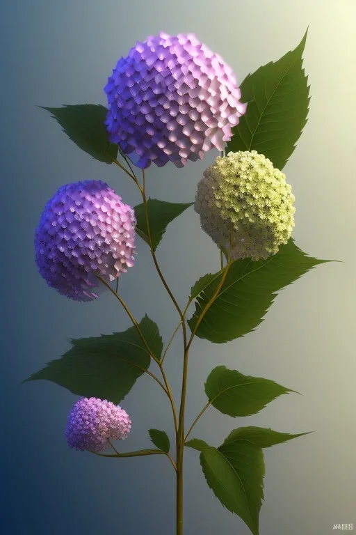 an isolated translucent hydrangea plant, 3d render, art nouveau style, ultra realistic, masked transparent flat background, backlight, popular on sketchfab, pixelsquid, 8k, volumetric lighting, super focused, no blur, trending on artstation, octane render, ultra detailed, hyperrealistic, by artgerm and alphonse mucha