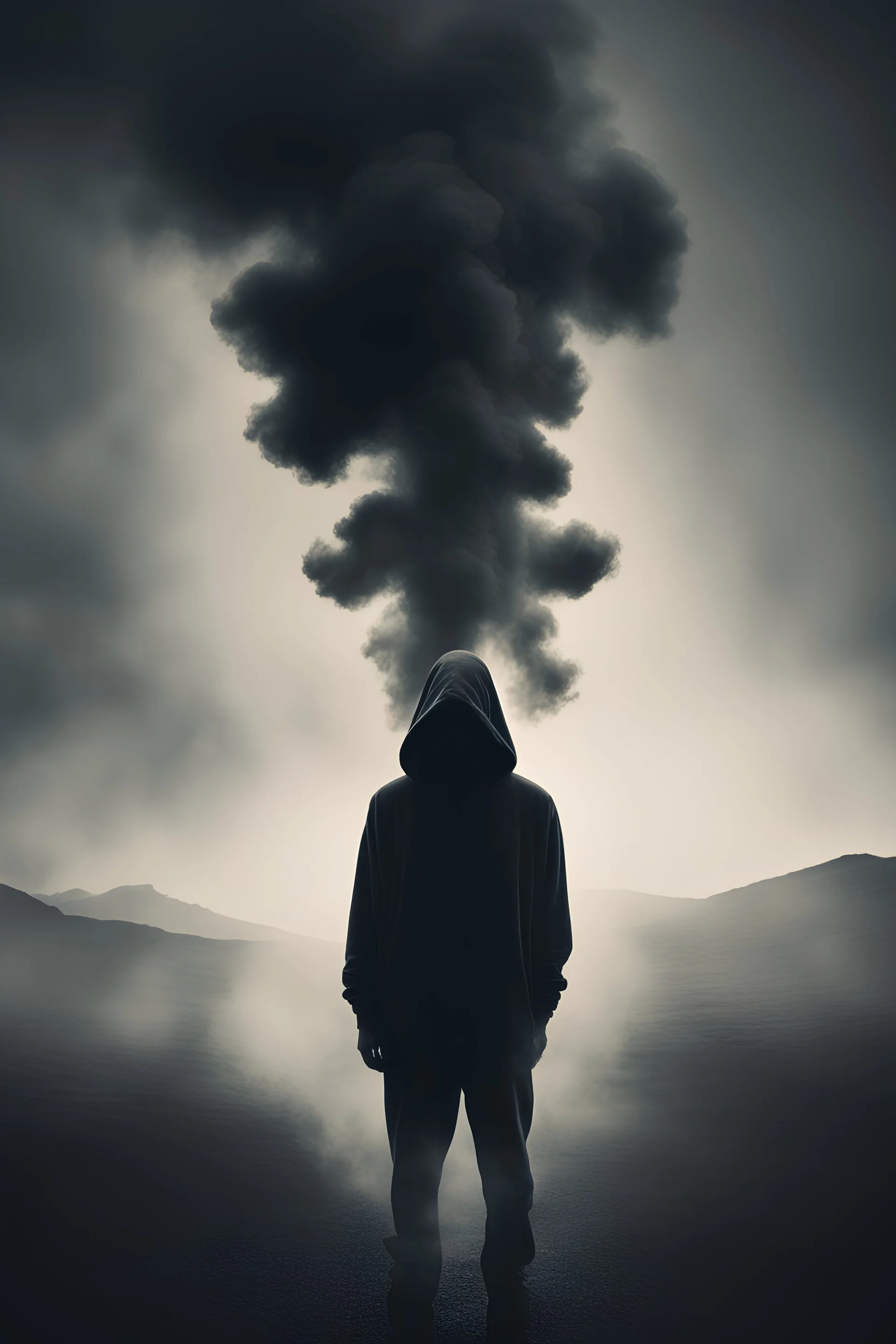 A striking (((dramatic image))) where a (((figurative smoky silhouette of a person wearing a hoodie))) takes on the form of ethereal smoke against a looming (ominous backdrop of a shadowy landscape), suggesting mystery and foreboding