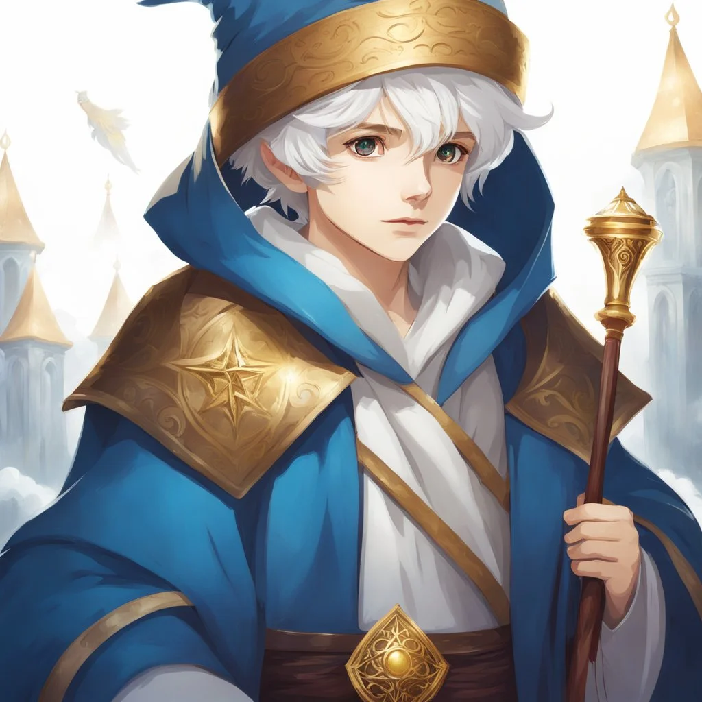 Fantasy World, A boy only wearing a closed wizards robe, and wearing a wizards hat. White Hair. Golden Eyes.