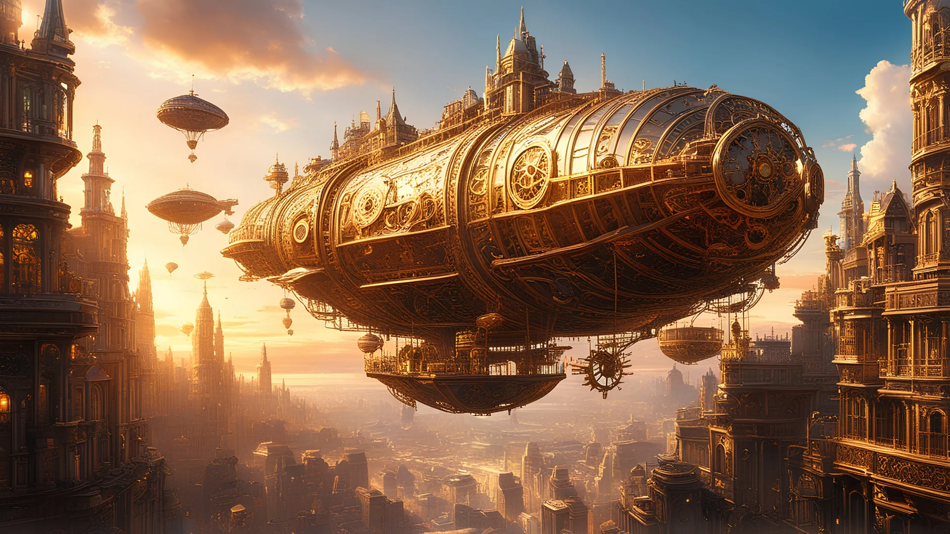 A whimsical city where buildings are made of intricate clockwork and gears, with streets paved in polished brass and airships floating lazily overhead, all bathed in the golden glow of a perpetual sunset.