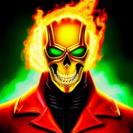 ultra detailed fullbody portrait of Ghost Rider, wearing skintight red costume, extremely detailed digital painting, intrincate, extremely detailed smiling face,crystal clear Big Green eyes, in the style of Adam Hughes , mystical colors , perfectly centered image, perfect composition, rim light, beautiful lighting,8k, stunning scene, raytracing